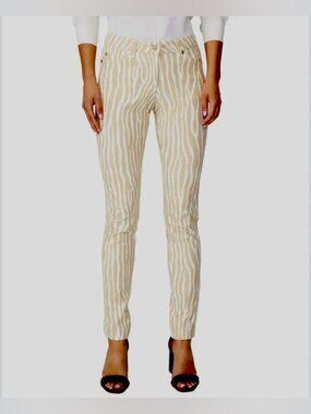 J. McLaughlin Lexi Khaki & Off-White Zebra-Print Jeans with Gold Hardware Sz 10
